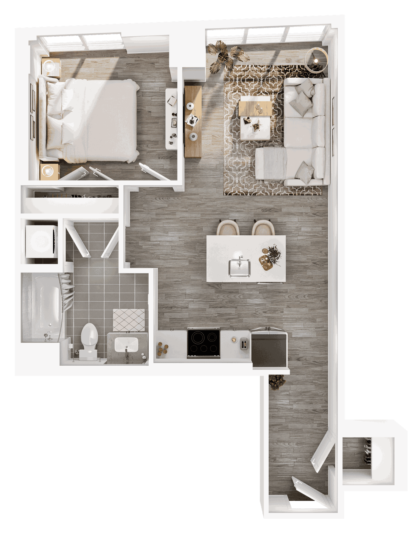 Floor plan for 1 bed, 1 bath, 656 sqft